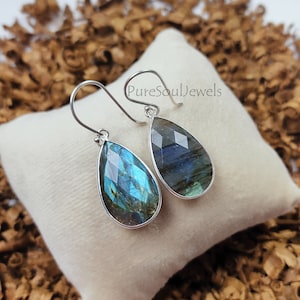 Labradorite Sterling Silver Bezel Set Teardrop Earrings, Gemstone Earrings, Labradorite Earrings, Ear wire Earrings, Wedding Jewelry, Gifts