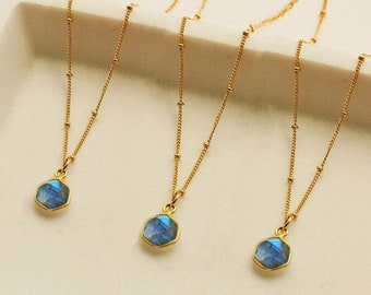 Labradorite Hexagon Pendant Necklace: Gold Plated Gemstone