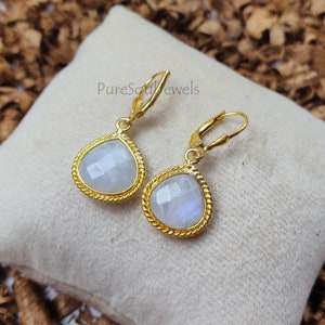 Rainbow Moonstone Dangle Earrings: Gold Sterling Silver Lever Back