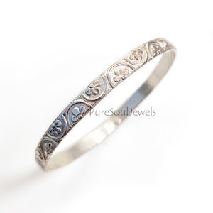 Engraved Floral Sterling Silver Bangle - Boho Hippie Style