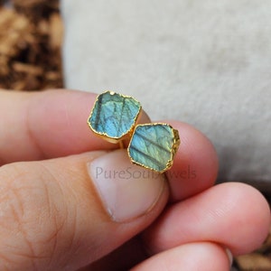 Natural Labradorite Stud Earrings: Gold Plated, Raw Stone, Minimalist