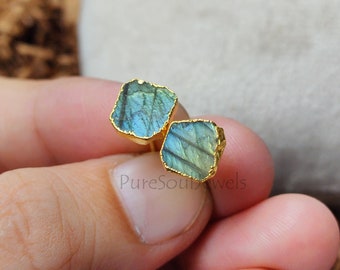 Natural Labradorite Stud Earrings: Gold Plated, Raw Stone, Minimalist