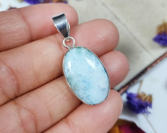 Natural Larimar Sterling Silver Pendant, Handmade Statement Gemstone Necklace, Women’s Gift Christmas Black Friday