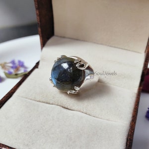 Blue Fire labradorietring: handgemaakte 925 sterlingzilveren boho-sieraden