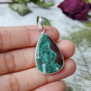 Handmade Chrysocolla Pendant: 925 Sterling Silver Boho Jewelry