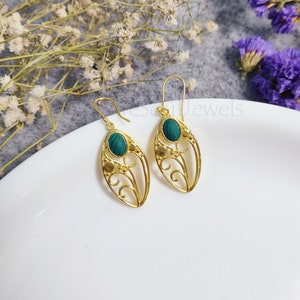 Handmade Gold Plated Malachite Earrings: Boho Dangle Earrings