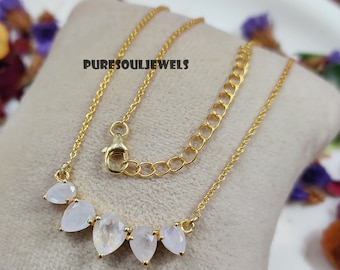 Dainty Rainbow Moonstone Necklace: 925 Sterling Silver Boho Hippie Style