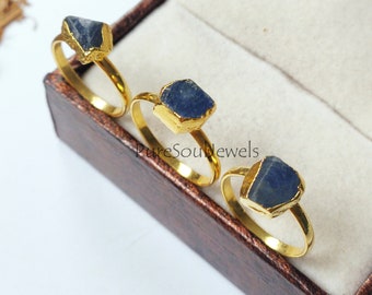 Raw Sapphire Ring, September Birthstone Ring, Rough Stone Ring, Gold Electroplated Rings