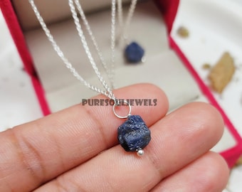 Raw Sapphire Necklace, Natural Blue Gemstone Pendant, 925 Sterling Silver September Birthstone Jewelry Gift