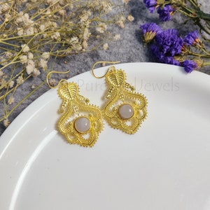Boho Moonstone Earrings: Gold Plated Brass, Handmade Jewelry