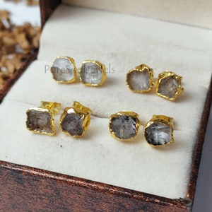 Raw Herkimer Diamond Stud Earring, Gold Plated Earring, April Birthstone Earrings, Rough Stone Earring, Gemstone Earring,Dainty Stud Earring