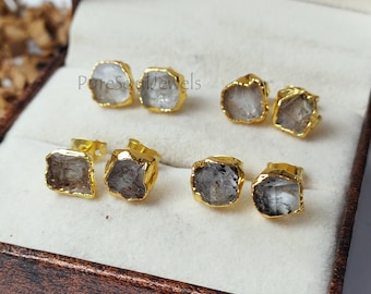Raw Herkimer Diamond Stud Earrings: Gold Plated, Minimalist Style