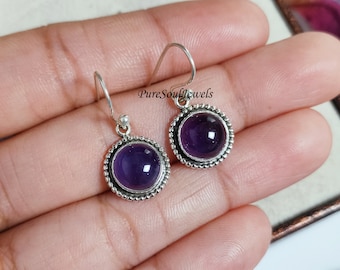 Amethyst Dangle Earrings, 925 Sterling Silver, Boho Hippie Jewelry