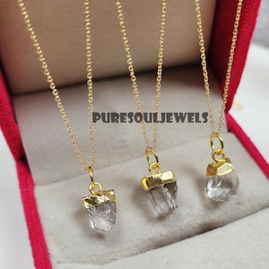 Raw Clear Quartz Necklace: 925 Sterling Silver, 14K Gold Finish