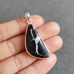 Sterling Silber Septari Anhänger: Schwarzer Edelstein Boho Halskette