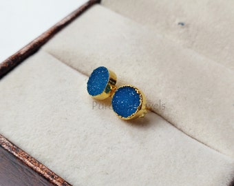 Teal Druzy Stud Earrings: Gold Plated Round Stone