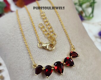 Handmade Garnet Pendant Necklace, Natural Red Gemstone, Gold Polish 925 Silver Boho Jewelry Gift