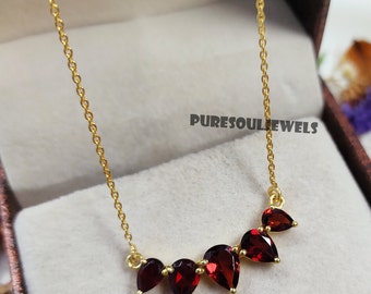 Handmade Garnet Pendant Necklace, Natural Red Gemstone, Gold Polish 925 Silver Boho Jewelry Gift
