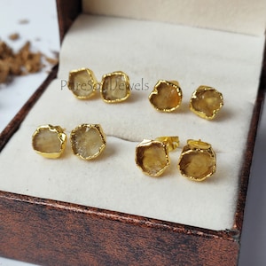 Raw Citrine Stud Earrings, Gold Plated Stud, Handmade Earrings, Citrine Gemstone Earring, November Birthstone Gift, Healing Crystal Earrings