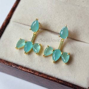 Aqua Chalcedoon Ear Jacket: vergulde sterlingzilveren oorbellen