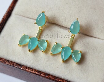 Aqua Chalcedony Ear Jacket: Gold Plated Sterling Silver Earrings
