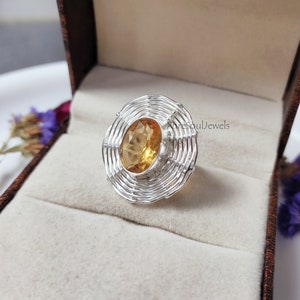 Citrine Spider Web Ring: Boho Sterling Silver Halloween Jewelry