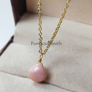 Rosa Opal Gold überzogener Draht eingewickelt Herz-Anhänger-Halskette - Edelstein-Halskette, handgemachte Halskette, Geschenk für sie