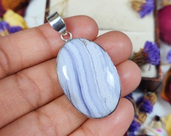 Blue Lace Agate Pendant: Sterling Silver Boho Statement Jewelry