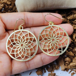 Gold Plated Sacred Charm Earrings: Brushed Brass Dangle, Handmade