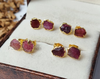 Natural Raw Ruby Stud Earrings, Delicate Earrings, Gemstone Earrings, Raw Electroplated Stud Earring, Crystal Stud Earring, Rough Ruby Stud