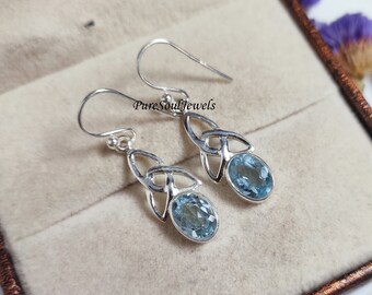 Blue Topaz Gemstone Earring, 925 Silver Earring, Celtic Earrings, Celtic Knot Earring, Infinity Knot Earring, December Birthstone Jewelry