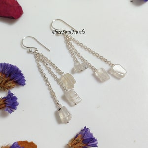 Natural Raw Rainbow Moonstone Earring, Gemstone Earring, 925 Sterling Silver Earring, Chain Earring, Crystal Earring, Healing Earring, Gift