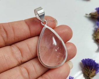 Real Rose Quartz Necklace, 925 Sterling Silver Jewelry, Love Stone Pendant For Women, Pink Jewelry, Teardrop Gemstone Pendant, Gift For Men