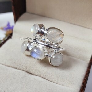 Blue Fire Moonstone Cluster Ring: 925 Sterling Silver Boho Ring