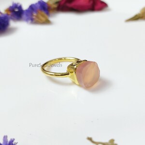 Handmade Pink Chalcedony Ring: Gold 925 Sterling Silver, Boho Statement Ring