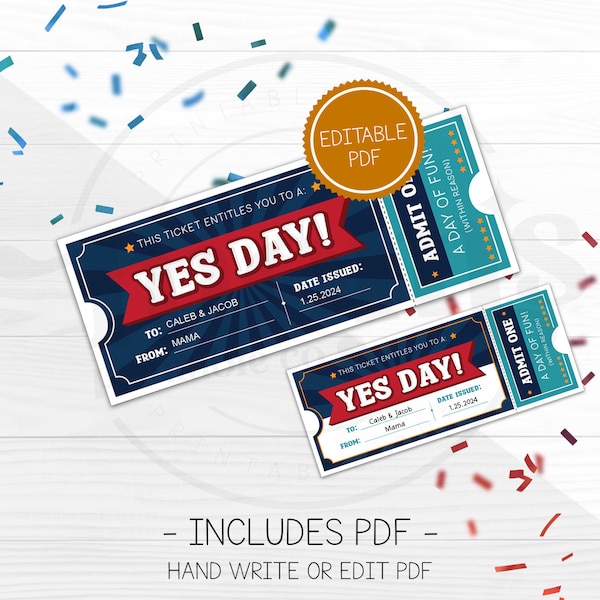 Yes Day Certificate, Kids Best Day Ever, Yes Day Gift Ticket Template, Fun Experience Gift Printable