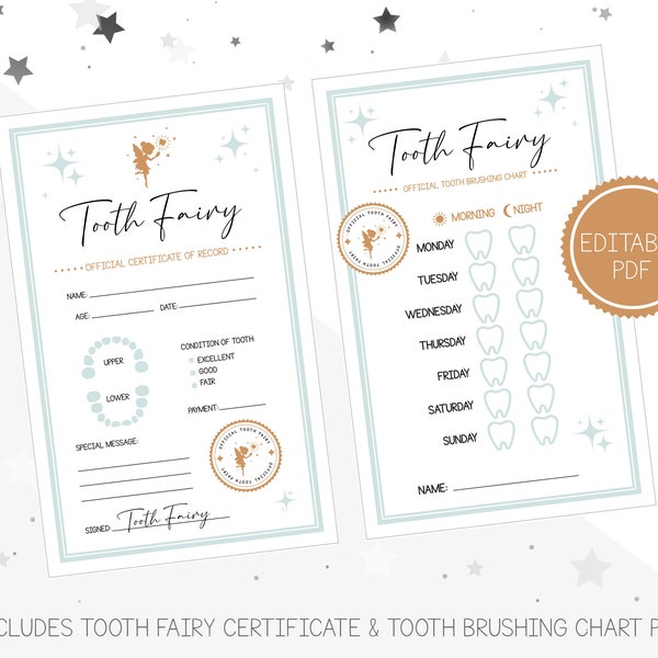 Editable Tooth Fairy Receipt Printable Certificate & Tooth Brushing Chart, Printable, Official Tooth Fairy Certificate of Record for kids