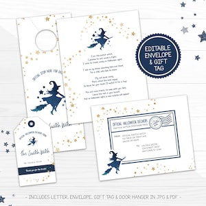 Paquete de brujas Switch, carta, sobre, colgador de puerta y etiqueta de regalo, actividad imprimible de Halloween para niños, PDF editable, descarga digital