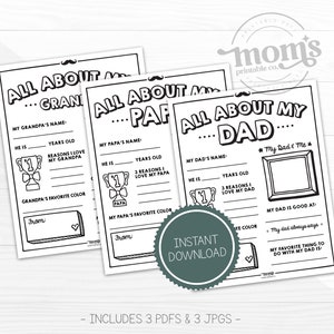 Cadeau fête des pères, Tout sur mon père à imprimer, Anniversaire de papa, Anniversaire de grand-père, Anniversaire de papa, Entretien avec des enfants, Questionnaire pour papa