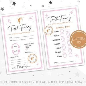 Certificado imprimible del recibo del hada de los dientes editable rosa y tabla de cepillado de dientes, imprimible, certificado de registro oficial del hada de los dientes