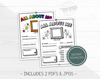 May include: Two printable "All About Me" pages for kids. Each page has a space for a photo, name, age, what they want to be when they grow up, what they are good at, and a space for their signature. The second page also has a section for favorites, including color, animal, song, food, book, game, and holiday.