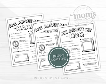 May include: Three printable black and white fill-in-the-blank questionnaires for Mother's Day. The questionnaires are titled "All About My Mama", "All About My Grandma", and "All About My Mom". Each questionnaire has a space for a photo, a space for the name, age, and three reasons why the person loves their mother, grandmother, or mom. The questionnaires also have a space for the child's favourite colour and a space for the child to write a message to their mother, grandmother, or mom.