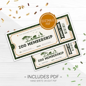 May include: Two zoo membership tickets with a green and tan design. The tickets feature a tree, elephant, giraffe, and other animal silhouettes. The text "ZOO MEMBERSHIP" is displayed prominently. The tickets are labeled "To: Caleb & Jacob" and "From: Mama & Dada".