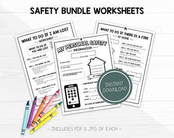 May include: A printable safety bundle worksheet set for kids. The worksheets include information on what to do if you are lost, what to do if there is a fire at home, and a personal safety information sheet. The worksheets are black and white and have a green "Instant Download" button.