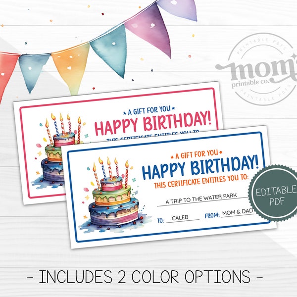 Kids Birthday Gift Certificate Template, Voucher Template, Kids Printable Gift Coupon, Gift An Experience