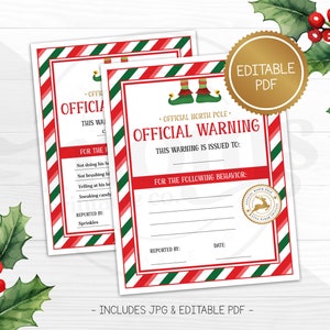 Certificado Oficial de Advertencia de Papá Noel, Actividad navideña imprimible para niños, PDF editable, Descarga digital