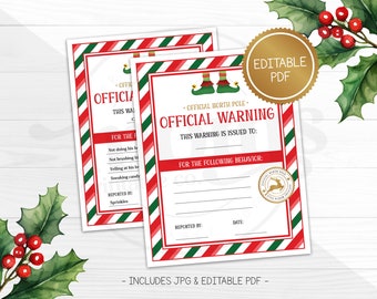 Official Santa Warning Certificate, Christmas Printable Activity For Kids, Editable PDF, Digital Download