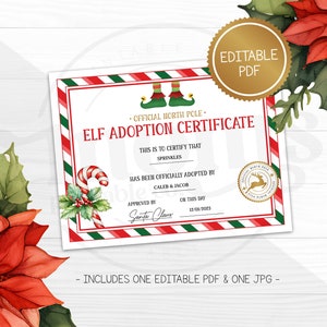 Op de afbeelding: Een printbaar Elf Adoptie Certificaat met een rood-groene gestreepte rand. Het certificaat heeft een feestelijk ontwerp met een snoepstok, hulst en elfschoenen. De tekst op het certificaat luidt "Officiële Noordpool - Elf Adoptie Certificaat".