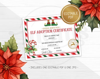 Official Elf Adoption Certificate, Christmas Printable Activity For Kids, Editable PDF, Digital Download