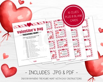 Valentine's Day Rhyming Hunt, Valentine's Treasure Hunt Game, Indoor Valentine's Day Treasure Hunt Printable Clue Cards for Kids